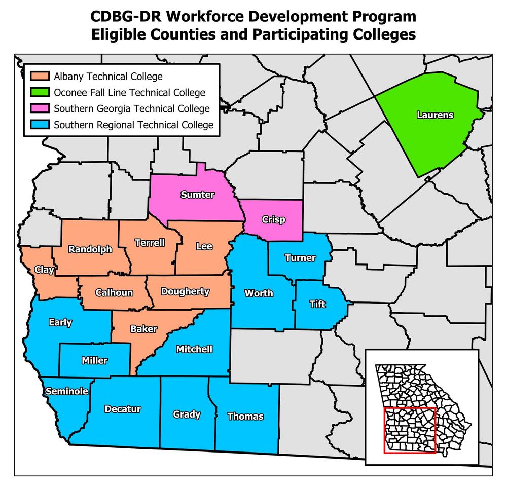 CDBG-DR Workforce Development Program Eligible Counties and Participating Colleges