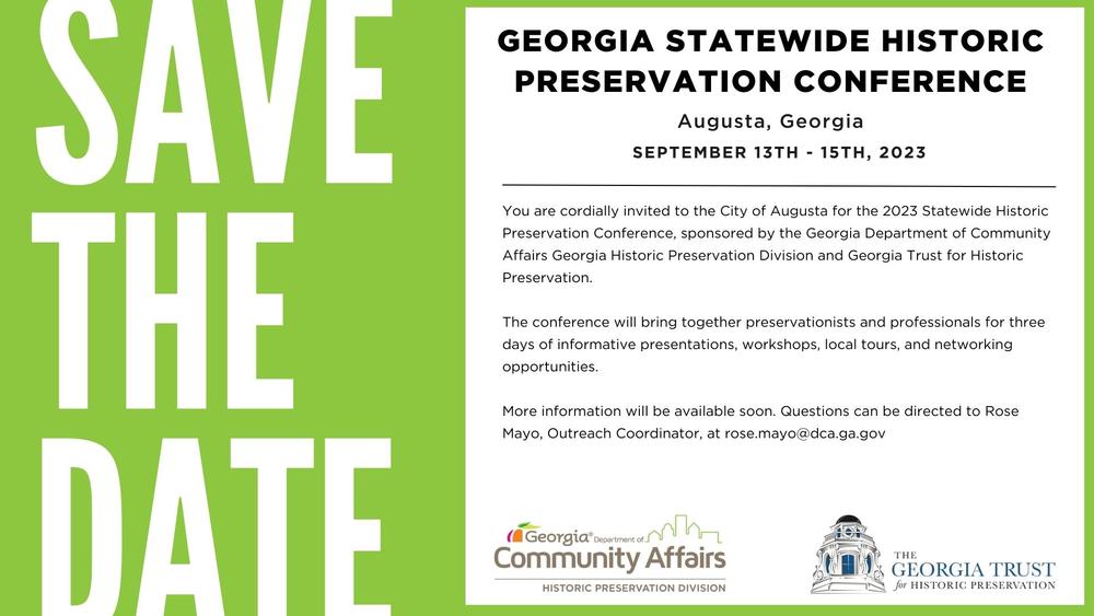 Save the Date poster for Georgia Statewide Historic Preservation Conference 2023