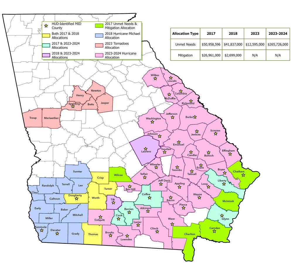 CDBG-DR map for 2017, 2018, 2023, and 2023-2024