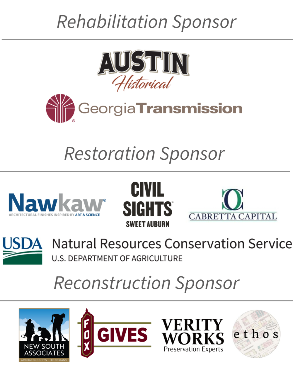 List of sponsors for the 2025 Statewide Historic Preservation Conference, including Austin Historical, Georgia Transmission Corporation, Nawkaw, Civil Sights, Cabretta Capita, USDA Natural Resources Conservation Service, New South Associates, Fox Gives, Verity Works, and Ethos Preservation