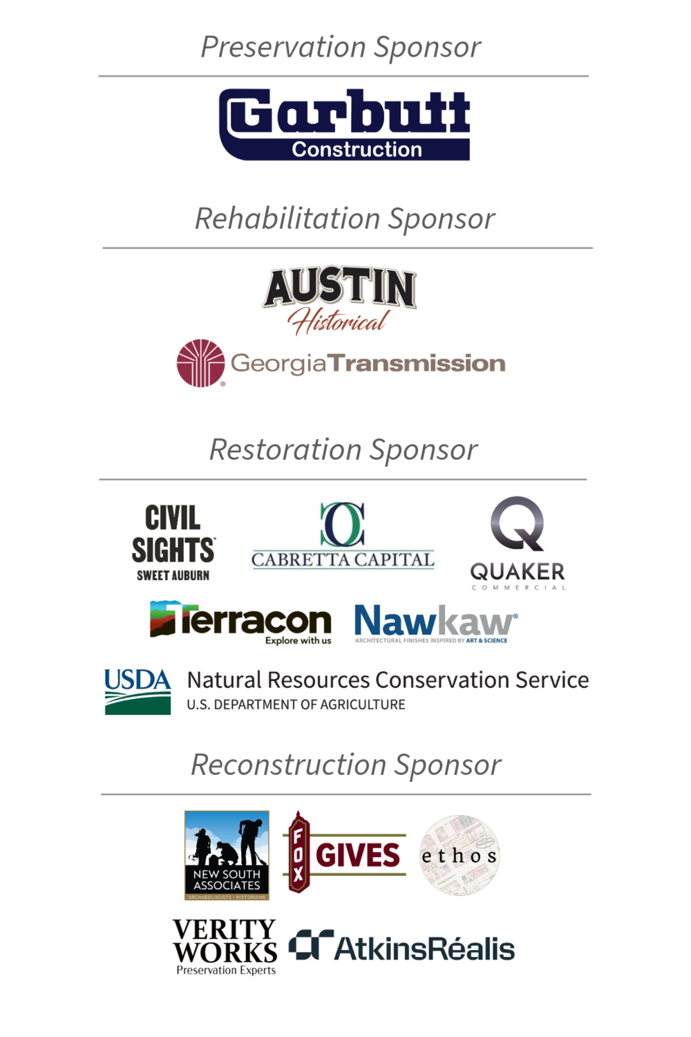 List of sponsors for the 2025 Statewide Historic Preservation Conference, including Garbutt Construction, Austin Historical, Georgia Transmission Corporation, Nawkaw, Civil Sights, Cabretta Capita, Quaker Commercial, Terracon, USDA Natural Resources Conservation Service, New South Associates, Fox Gives, Verity Works, AtkinsRealis, and Ethos Preservation
