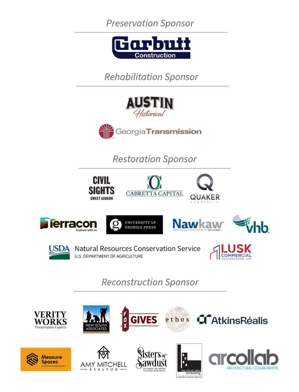 List of sponsors for the 2025 Statewide Historic Preservation Conference, including Garbutt Construction, Austin Historical, Georgia Transmission Corporation, Nawkaw, Civil Sights, Cabretta Capita, Quaker Commercial, University of Georgia Press, Lusk Commercial Contractors, VHB, Terracon, USDA Natural Resources Conservation Service, New South Associates, Fox Gives, Verity Works, AtkinsRealis, ArcCollab, Sisters of Sawdust, Measure Spaces, Amy Mithcell Relator, Ray, Ellis & Labrie Consulting, and Ethos Prese