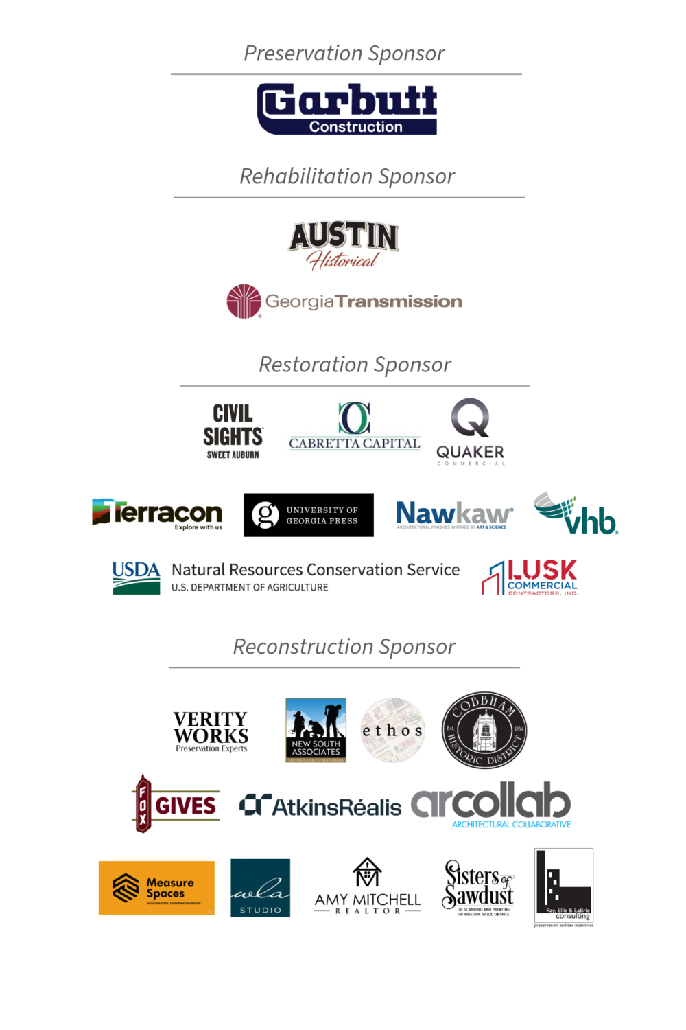 List of sponsors for the 2025 Statewide Historic Preservation Conference, including Garbutt Construction, Austin Historical, Georgia Transmission Corporation, Nawkaw, Civil Sights, Cabretta Capita, Quaker Commercial, University of Georgia Press, Lusk Commercial Contractors, VHB, Terracon, USDA Natural Resources Conservation Service, New South Associates, Fox Gives, Verity Works, AtkinsRealis, ArcCollab, Sisters of Sawdust, Measure Spaces, Amy Mithcell Relator, Ray, Ellis & Labrie Consulting, WLA Studios, Hi