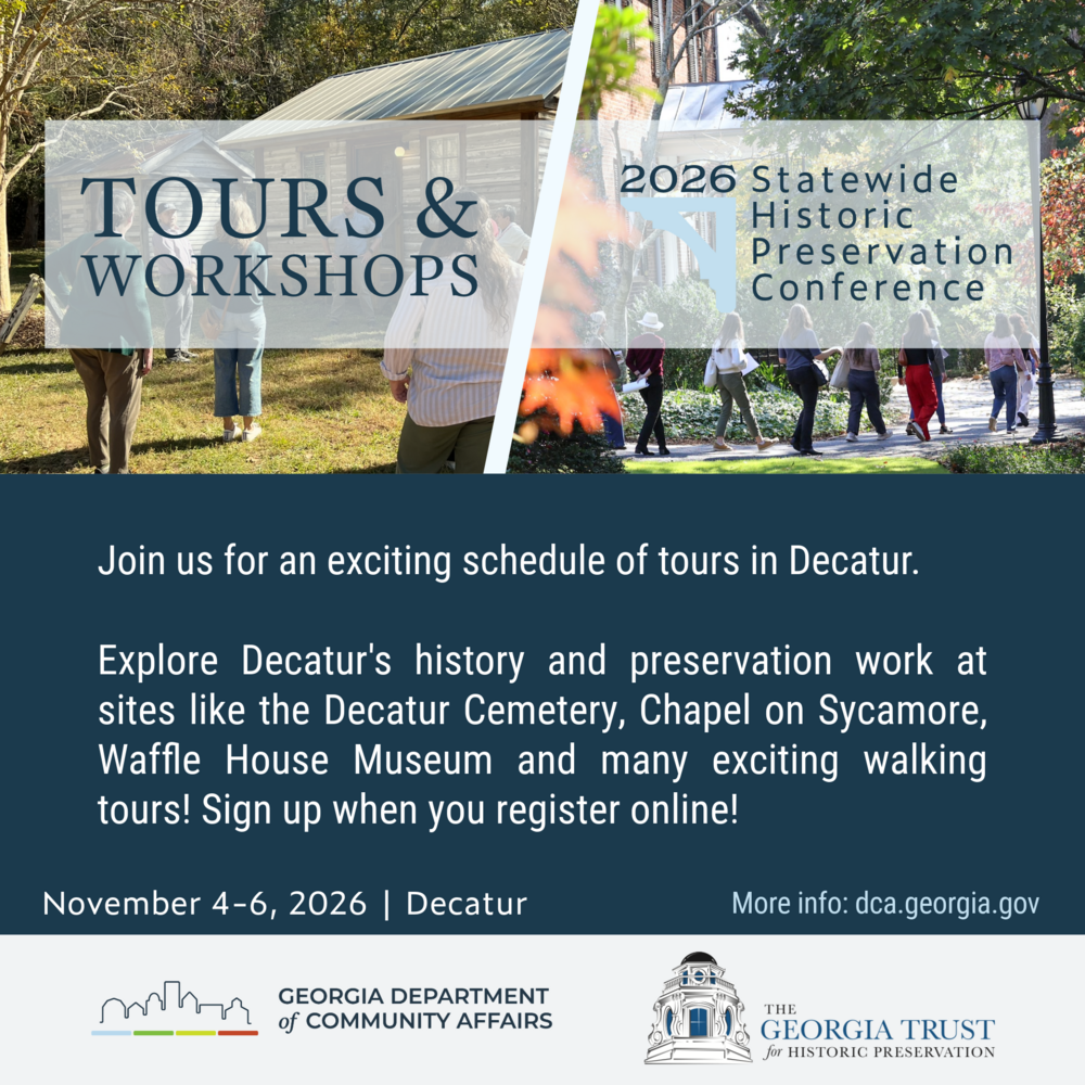Graphic announcing tours and workshops for the 2026 Statewide Historic Preservation Conference