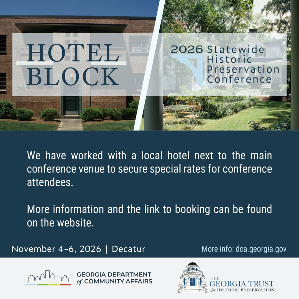Graphic announcing hotel block for the 2026 Statewide Historic Preservation Conference